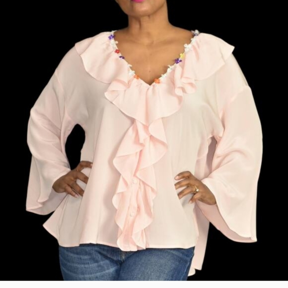 Paul and Joe Silk Blouse Pink Bell Sleeve Top Daisy Chain Ruffles Poet Sz Large